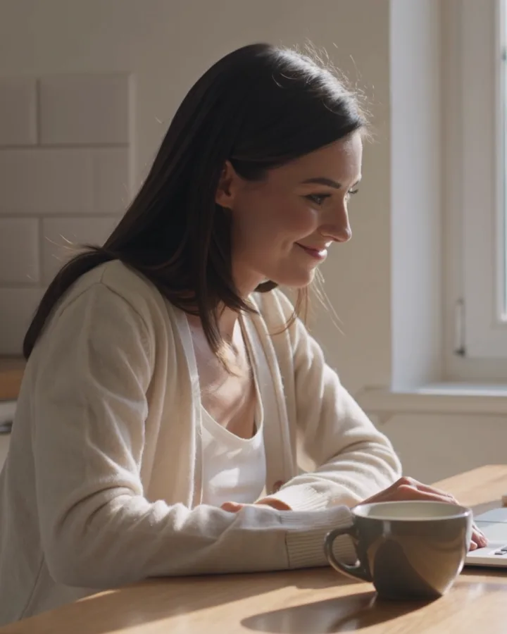 A woman at a sunlit kitchen table, smiling at her laptop