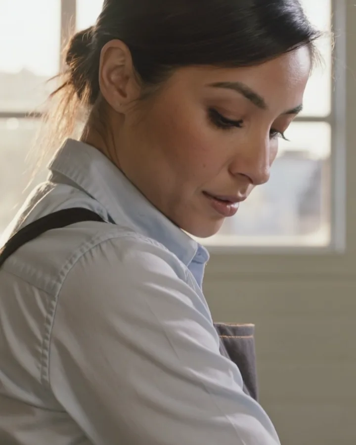 An engineer at her workbench, glancing down at her phone
