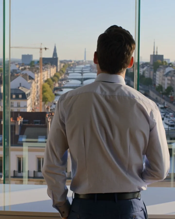A man at a glass wall looking out over a river city